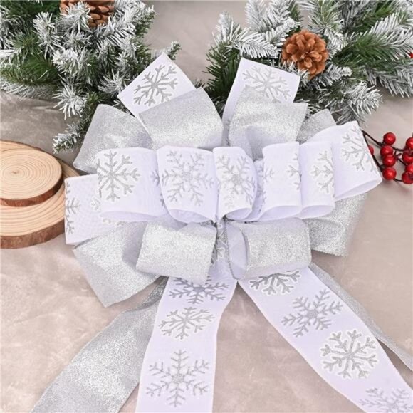 40x13 Inches Toppers Bow with Glitter Satin Mesh Streamer and Patterned White - Picture 2 of 5